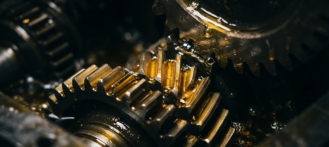 Steel gears coated in honey-coloured lubricating oil