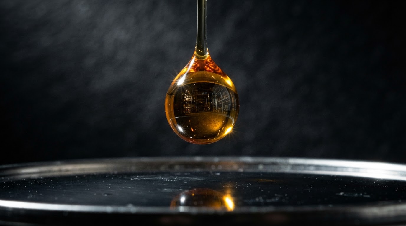 Golden oil droplet suspended above polished chrome