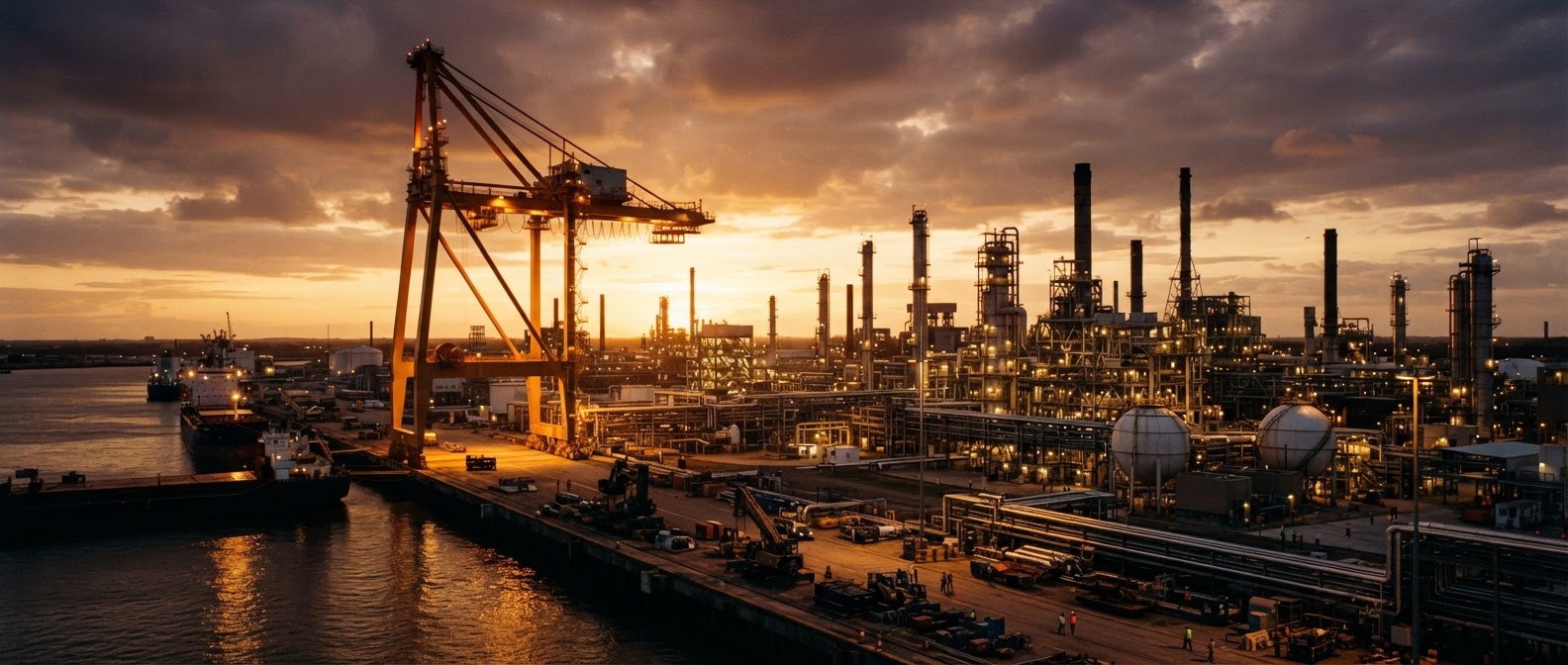 Heavy industrial machinery in golden hour light